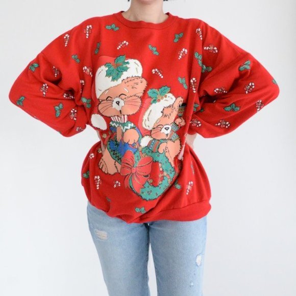 Vintage Ugly Christmas Nutcracker Red Holiday Puff Paint Cat Sweater - Picture 2 of 10